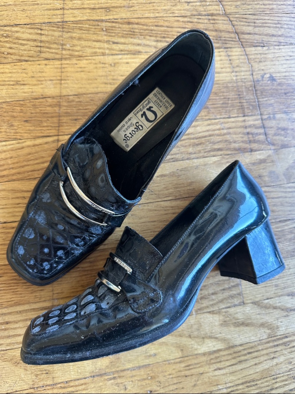 George Black Patent Block Heel Loafers